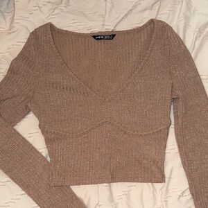 SHEIN Brown V-Neck Ribbed Knit Cropped Long Sleeve Top